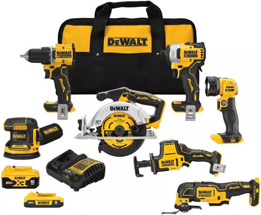 DeWalt DCK700D1P1 20-Volt MAX Lithium-Ion Cordless 7-Tool Combo Kit with 2.0 Ah Battery, 5.0 Ah Battery and Charger