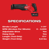 Milwaukee 2821-22 M18 FUEL SAWZALL Reciprocating Saw - 2 Battery XC5.0 Kit