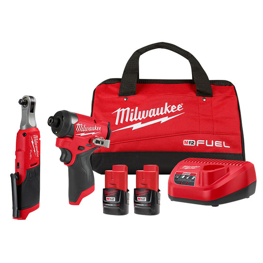 Milwaukee 3453-22HSR M12 FUEL 12V Lithium-Ion Cordless 3/8 in. Ratchet and 1/4 in. Impact Driver Combo Kit w/High Output 2.5 Ah Battery