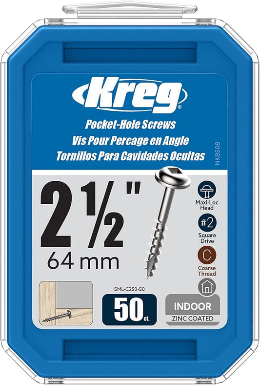 Kreg SML-C250-50 Zinc Pocket-Hole Screws, 2 1/2 Inch, #8 Coarse Thread, Maxi-Loc Head (50 Count)