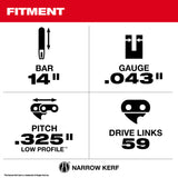 Milwaukee 49-16-2745 14" .325" LOW PROFILE Pitch, .043" Gauge Guide Bar