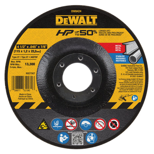 DeWalt DW8424 4-1/2" X .045" X 7/8" Thin Cutting Wheel Type 27 Depressed Center Wheel