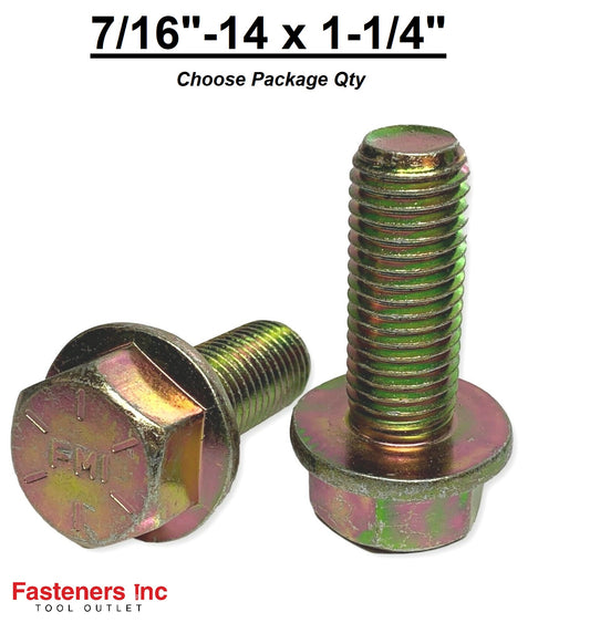 7/16"-14 x 1-1/4" Grade 8 Flange Frame Bolt Yellow Zinc Plated Full Thread