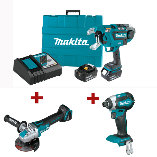 Makita XRT02TK 18V LXTÂ® Lithiumâ€‘Ion Brushless Cordless Deep Capacity Rebar Tying Tool Kit (5.0Ah) Plus XDT13Z and XAG25Z