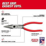 Milwaukee MT505 8" Long Nose Dipped Grip Pliers (USA)
