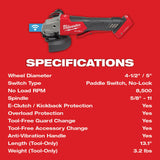 Milwaukee 2882-20 M18 FUEL 4-1/2" / 5" Braking Grinder w/ ONE-KEY Paddle Switch, No Lock