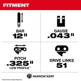 Milwaukee 49-16-2743 12" .325" LOW PROFILE Pitch, .043" Gauge Guide Bar