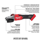 Milwaukee 2887-20 M18 FUEL 5" Flathead Braking Grinder, Slide Switch Lock-On