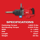Milwaukee 2869-20 M18 FUEL 1 in. D-Handle Ext Anvil High Torque Impact Wrench w/ ONE-KEY