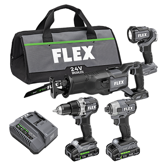 Flex FXM401-2A 4 Tool Combo Kit Drill Driver, Impact Driver, Reciprocating Saw and Work Light