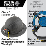 Klein 60346 Hard Hat, Premium KARBN™ Pattern, Non-Vented Full Brim, Class E, Lamp