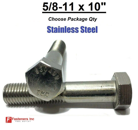 5/8"-11 x 10" Stainless Steel Hex Cap Screw / Bolt 18-8 / 304
