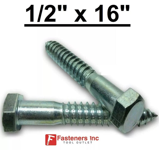 (Choose Qty) 1/2" x 16" Zinc Plated Hex Head Lag Bolt Screws A307