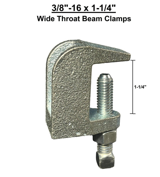 3/8"-16 Threaded Rod Zinc Plated Universal Top Wide 1-1/4" Throat Beam Clamp