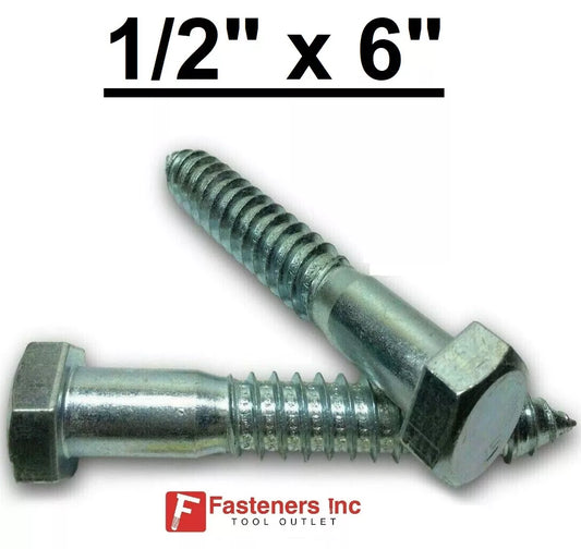 (Choose Qty) 1/2" x 6" Zinc Plated Hex Head Lag Bolt Screws A307