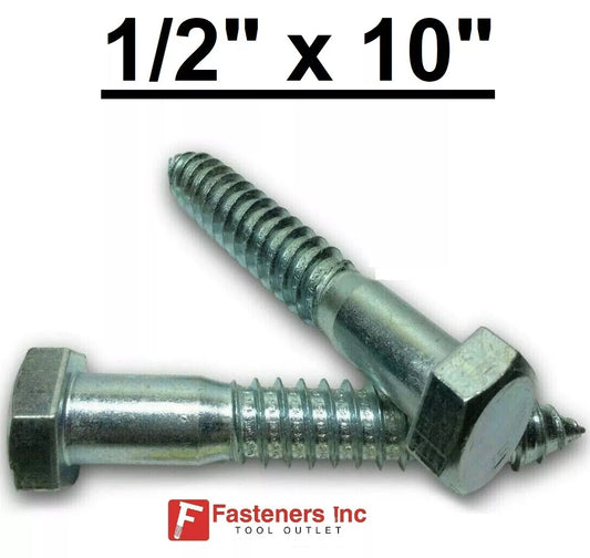 1/2" x 10" Zinc Plated Hex Head Lag Bolt Screws A307