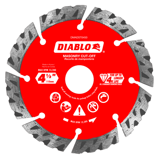 Diablo DMADST0450 4-1/2 in.
Diamond Segmented Turbo
Cut-Off Discs for Masonry