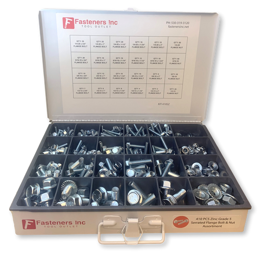 410 pcs Grade 5 Zinc Serrated Hex Flange Bolt & Flange Nut Assortment Kit!