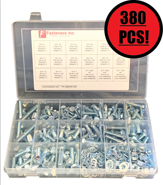 Grade 5 Hex Bolts Cap Screws, Nuts & Washers Assortment Kit - 380 Pieces!