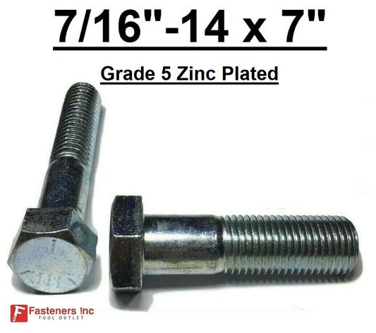 7/16-14 x 6" (PT) Hex Bolt Zinc Plated Grade 5 Cap Screw Coarse Thread