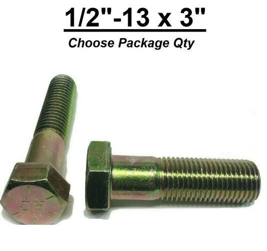 1/2"-13 x 3" (PT) Hex Bolt Yellow Zinc Plated Grade 8 Cap Screw Coarse Thread